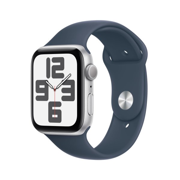 Apple Watch SE GPS, 44 mm, S/M (130-180 mm Umfang) Aluminuimgehäuse Silber, Sportarmband Sturmblau