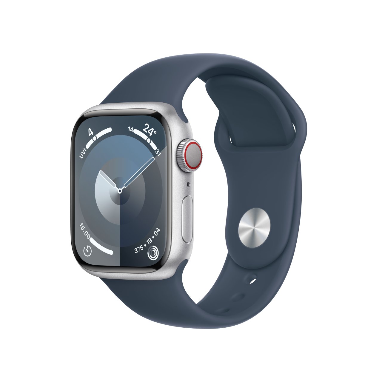 Apple Watch Series 9 Aluminium Silber Silber 41 mm S/M (130-180 mm Umfang) Sturmblau GPS + Cellular