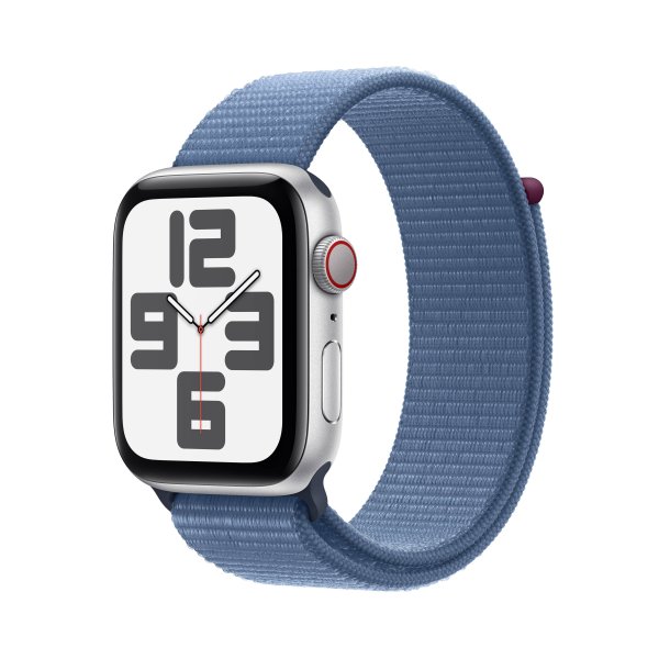 Apple Watch SE GPS + Cellular, 44 mm Aluminuimgehäuse Silber, Sport Loop Armband Winterblau