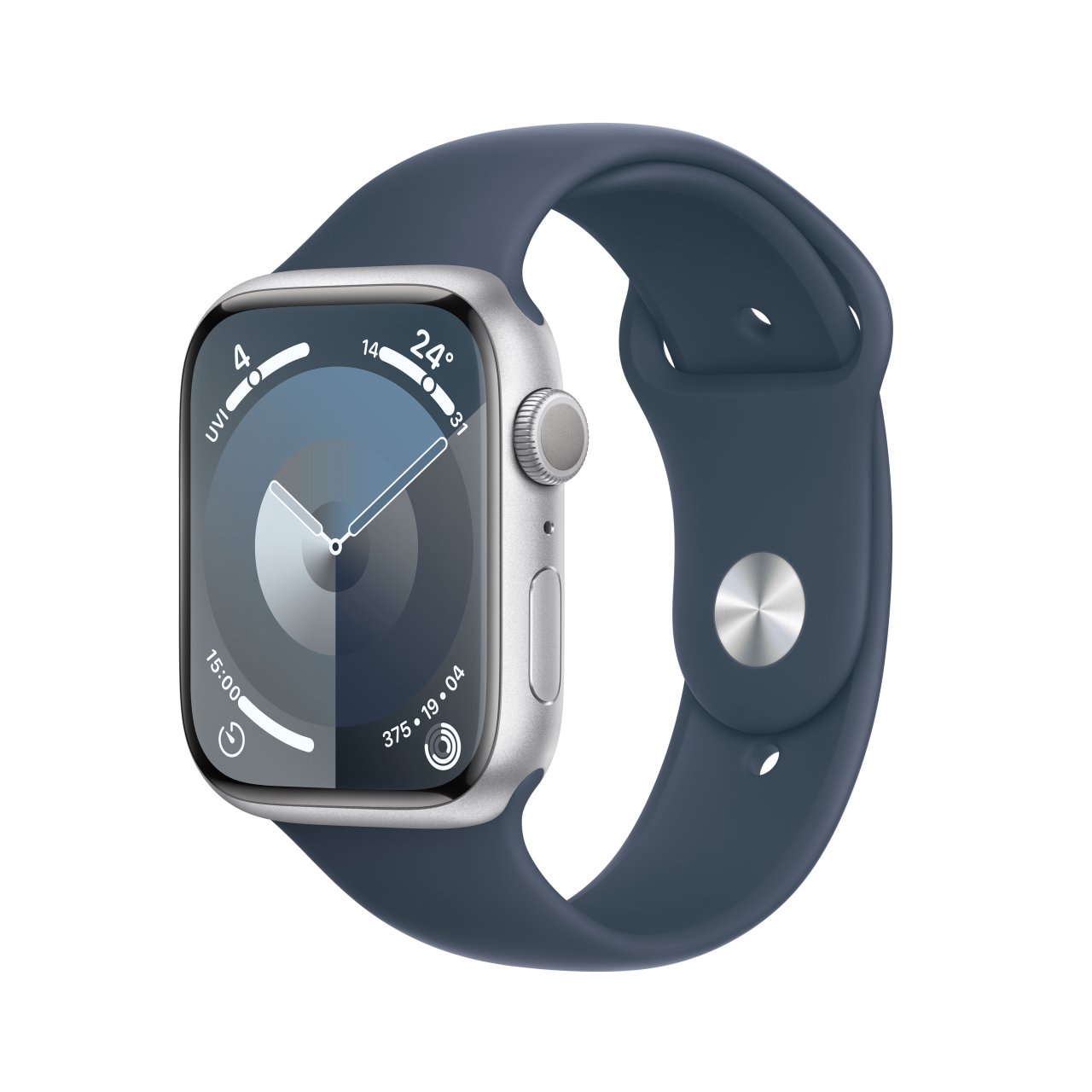 Apple Watch Series 9 Aluminium Silber Silber 45 mm M/L (150-200 mm Umfang) Sturmblau GPS