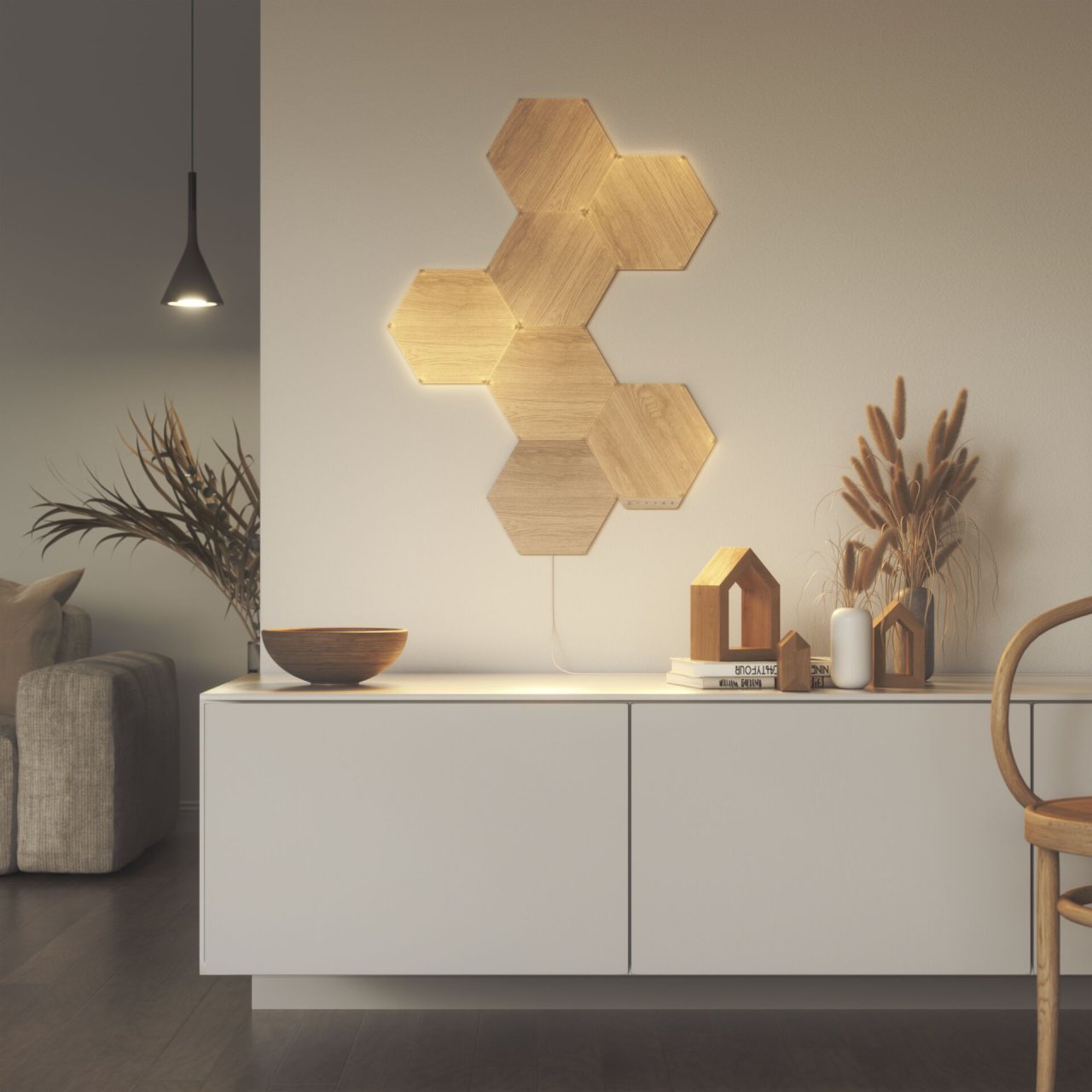 Nanoleaf Elements Wood Look Hexagons Starter Kit (7er Pack) Apple HomeKit + Amazon Alexa + Google Assistant