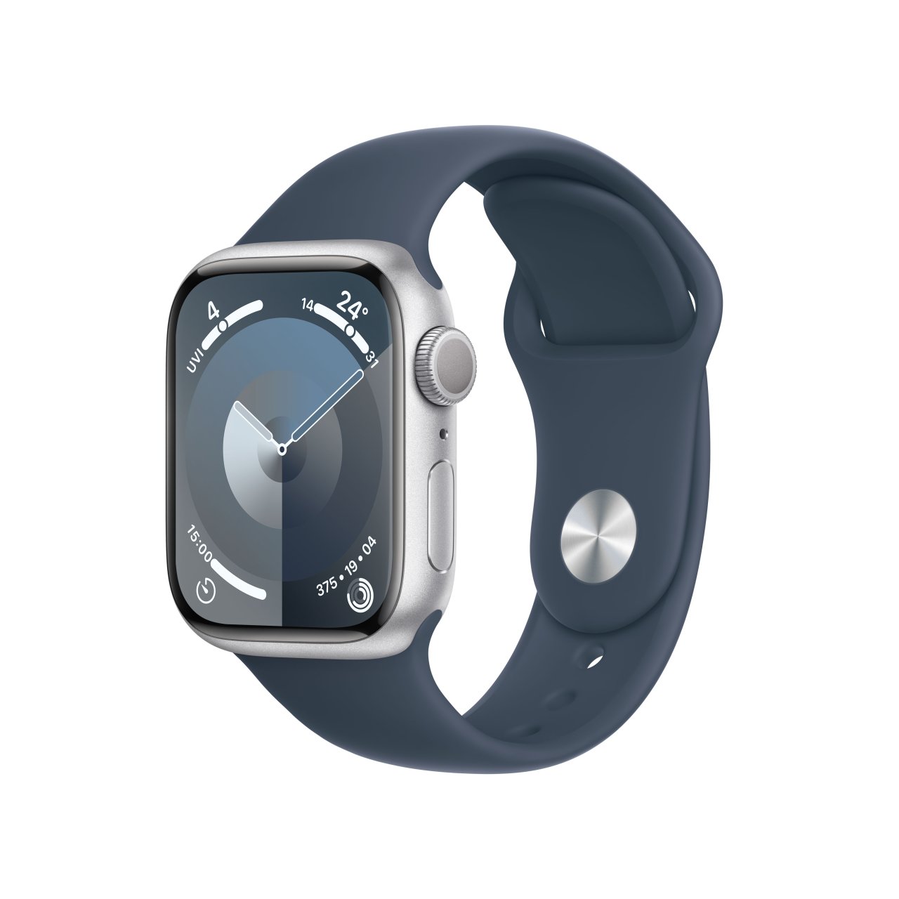 Apple Watch Series 9 Aluminium Silber Silber 41 mm M/L (150-200 mm Umfang) Sturmblau GPS