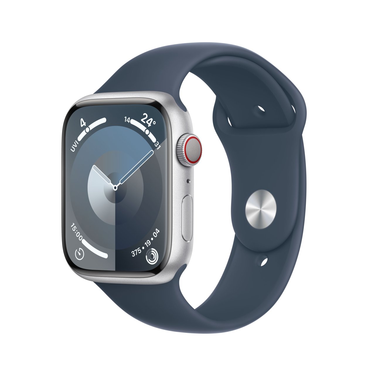 Apple Watch Series 9 Aluminium Silber Silber 45 mm M/L (150-200 mm Umfang) Sturmblau GPS + Cellular